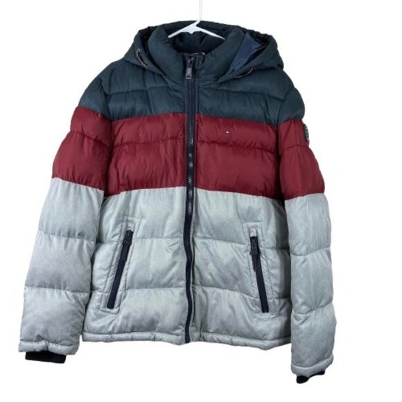 VTG 90s Y2K Tommy Hilfiger Quilted Color Block Hooded Puffer Jacket Sz L Retro - Picture 1 of 9